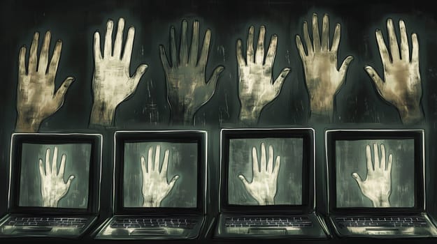 Hands are raising from laptops in this illustration of a digital world