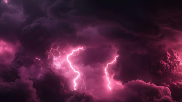 Powerful lightning is illuminating a dark night sky full of purple clouds