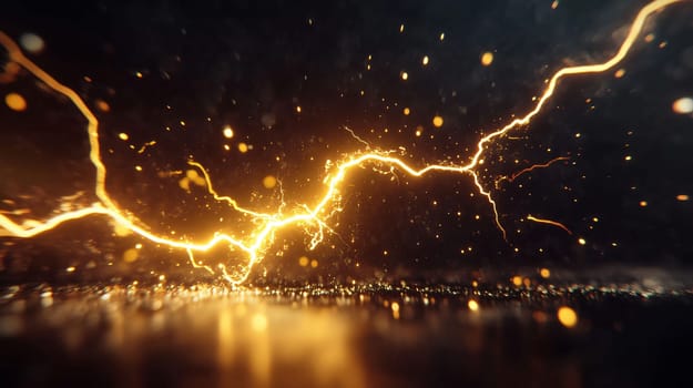 Golden electric current is flowing on a dark background, creating sparks and bokeh