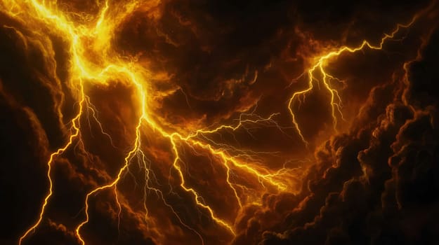 Golden lightning is illuminating a dark and dramatic cloudscape