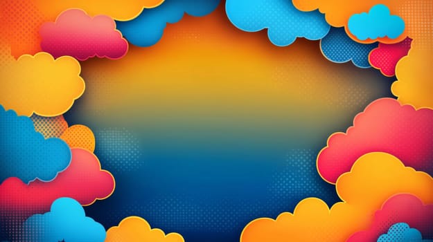 Colorful background with a comic style gradient and copy space surrounded by clouds
