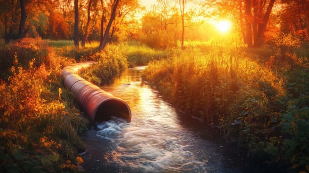 Water is flowing from a large pipe into a river in a forest at sunset