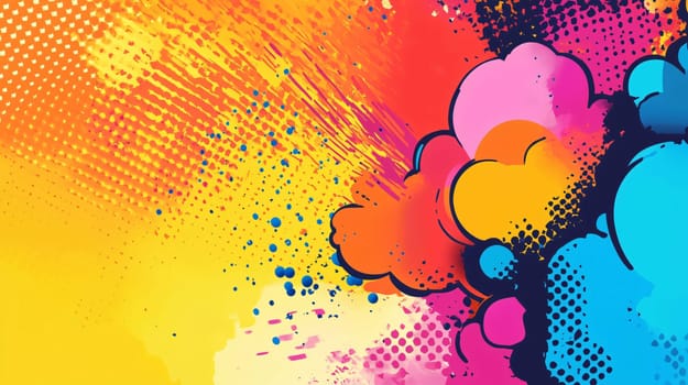 Vibrant pop art background featuring colorful clouds and ink blots, ideal for comics and graphic designs