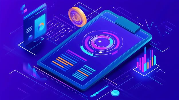 Futuristic digital tablet is displaying financial data with charts and graphs, representing modern technology and data analysis