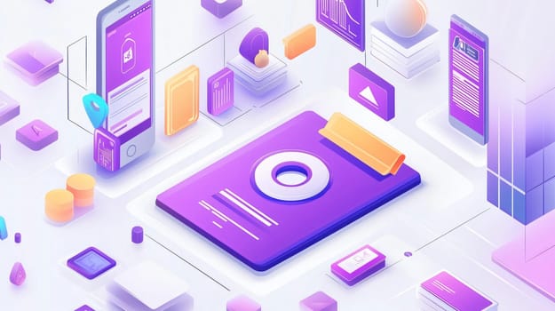 Isometric view of a clipboard with a target surrounded by business icons, representing the concept of business goals