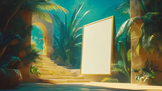 Blank golden frame is standing in a tropical garden near a stone archway and stairway, 3d illustration