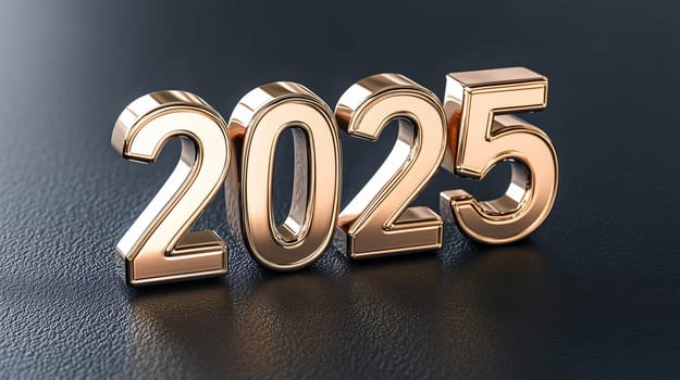 Shiny copper 2025 numbers reflecting on a black leather surface