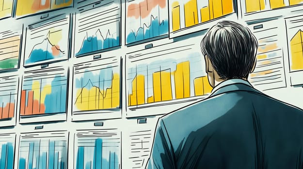 Businessman is standing in front of a wall of computer screens displaying financial charts and graphs