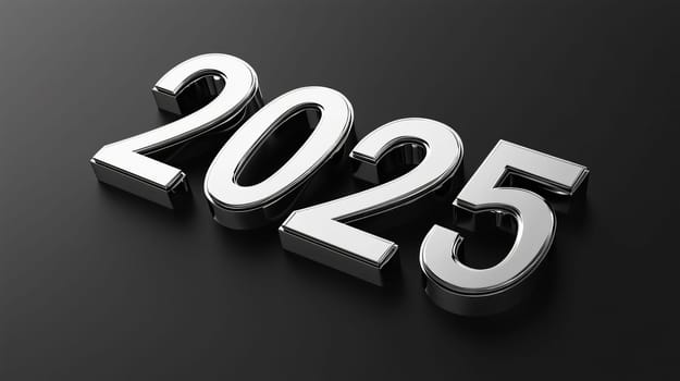 2025 bold chrome numbers reflecting on a dark background
