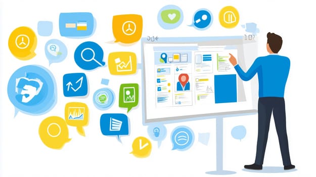Businessman is pointing at a whiteboard presenting a business plan with social media icons