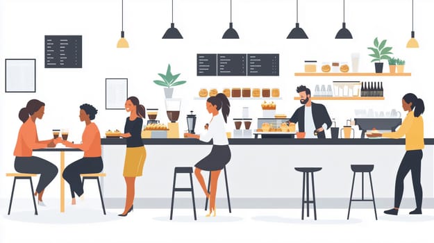 Lively cafe scene with customers ordering and enjoying coffee and pastries