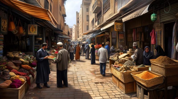 Illustration of a middle eastern market scene with merchants selling spices and other goods in a bustling atmosphere