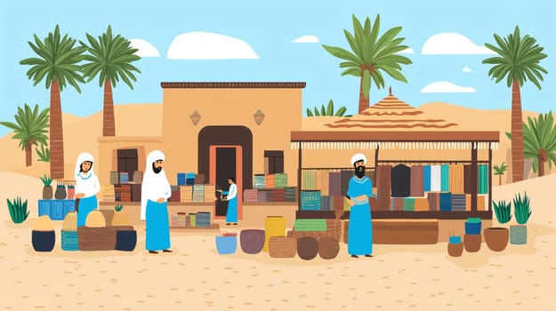 Local merchants selling souvenirs in a traditional arabic outdoor market in the desert