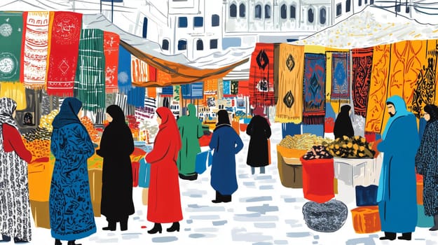 Colorful illustration of people shopping at a busy open air market in the middle east