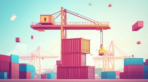 3d illustration of a busy port with a cargo crane lifting a container against a backdrop of stacked containers and cranes