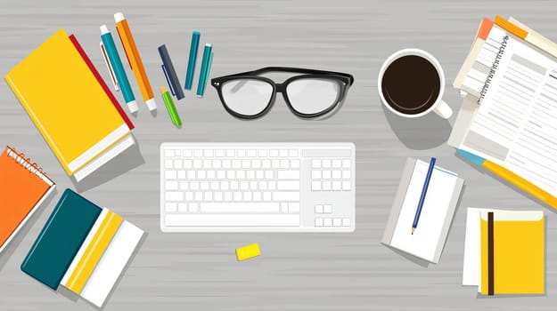 Cartoon illustration of an office desk with various items on it, viewed from above