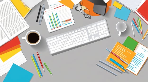 Cartoon vector illustration of an office desk workspace with a computer keyboard, documents, coffee and stationery from above