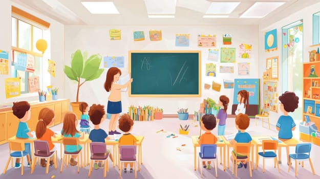 Teacher is standing by the blackboard explaining a lesson to her attentive students in a colorful classroom