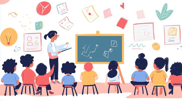 Illustration of a teacher explaining a lesson to her students in a classroom