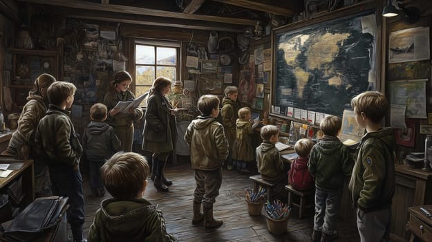 Group of young students are learning geography in a classroom with a large world map on the wall
