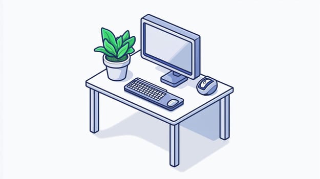 Simple illustration of a desk with a computer, keyboard, mouse, and a plant in a pot