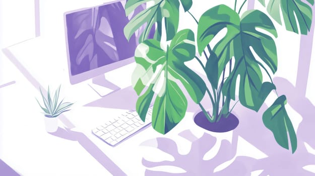 Bright home office with a computer and houseplants creating a relaxing atmosphere