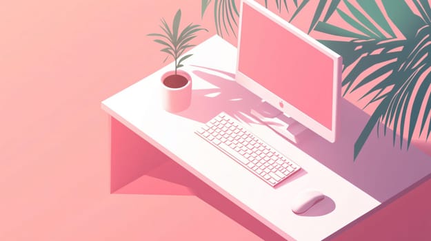 Minimalist home office setup with a computer displaying a pink screen, a keyboard, a mouse, a potted plant, and tropical leaves in the background