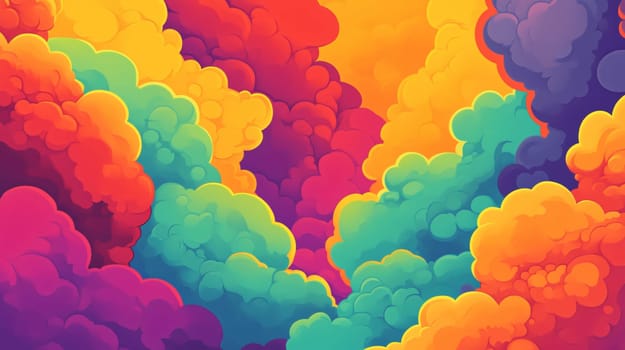 Colorful cartoon background showing vibrant rainbow smoke clouds, a cheerful and lively illustration with a summery feel