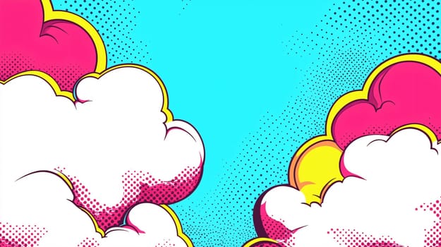 Colorful and vibrant cartoon cloudscape background with a halftone pattern