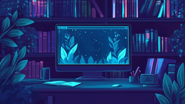 Computer displaying a peaceful nature scene is sitting on a desk in a cozy room at night