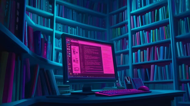 Computer displaying an online library is surrounded by bookshelves full of colorful books