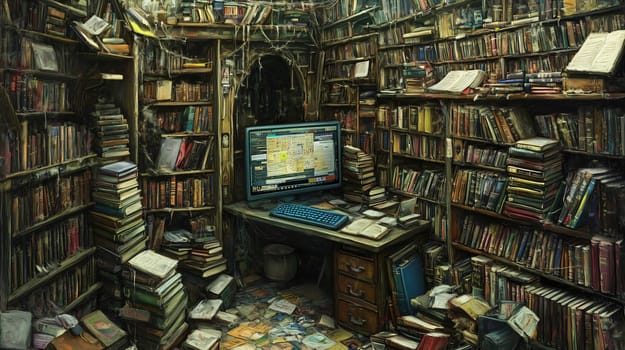 Computer is displaying an online library on its screen, in a messy room full of bookshelves