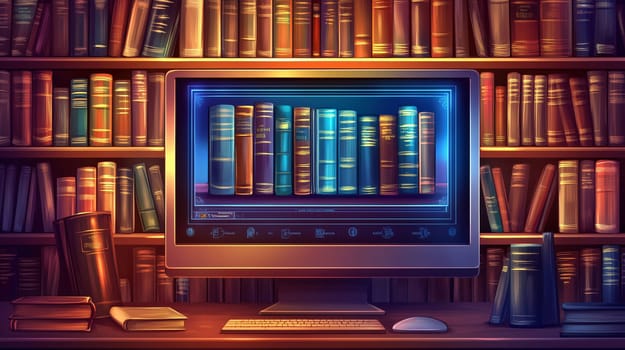 Computer is displaying an online library on its screen, with rows of books on a bookshelf in the background