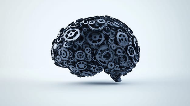 3d render of a human brain made of gears working on white background
