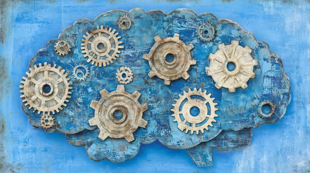 Conceptual image of a brain made of gears working on a blue background