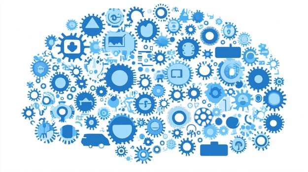 Blue brain made of gears and business icons is representing the concept of artificial intelligence
