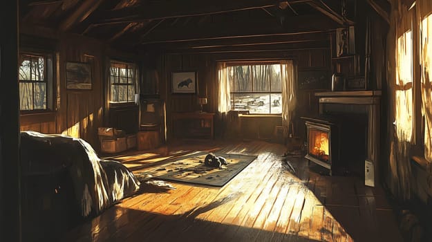 Warm sunlight flooding a cozy rustic living room with fireplace