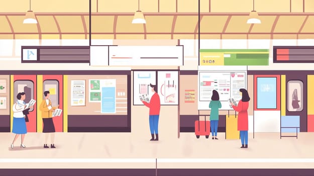 Passengers with luggage standing on subway station platform and reading timetable information board while waiting for train arrival