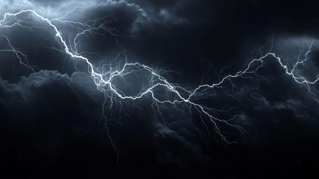 Lightning is illuminating a dark and dramatic sky filled with storm clouds