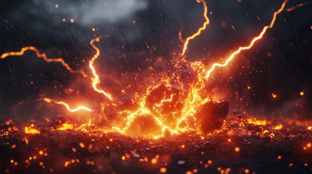 Lightning is striking a glowing molten rock during a rain storm