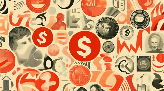 Collage featuring dollar signs, various currencies, and portraits of historical figures, evoking the global economy and financial history