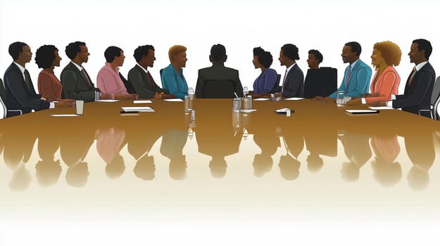 Diverse group of business people are discussing work matters while sitting around a polished table