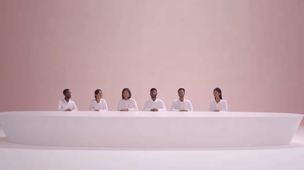 Diverse group of professionals is sitting around a white desk, suggesting a sense of collaboration and teamwork
