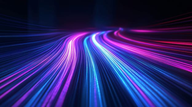 Dynamic stream of light trails is flowing and glowing on dark background