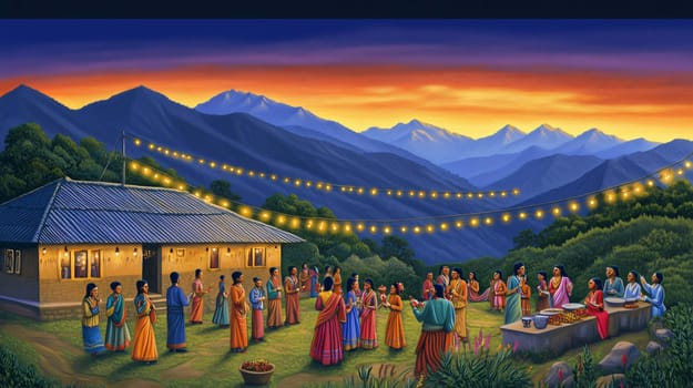 People are gathered outside a house in the mountains celebrating with food, music, and dancing at sunset