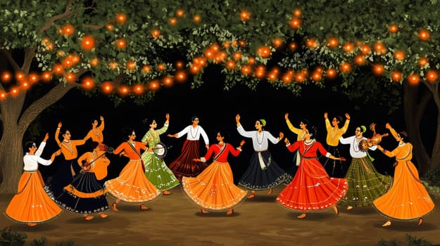 Indian women musicians and dancers celebrating a festival at night with string lights
