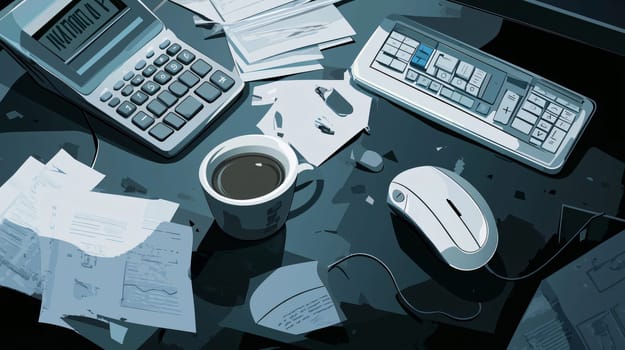 Messy desk is showing the stress of tax season with paperwork, calculator and a cup of coffee