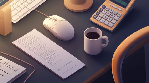 Vector illustration of an office desk featuring a computer mouse, keyboard, and a cup of coffee