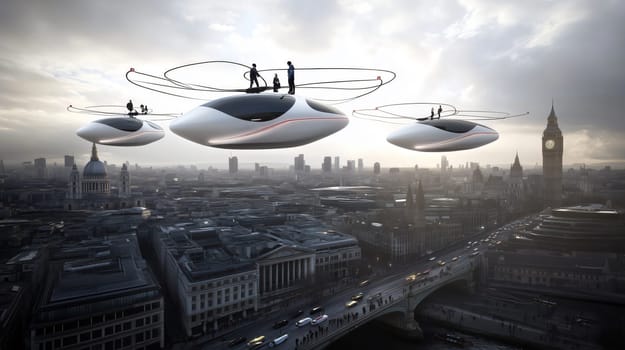 Futuristic flying cars transporting people over london with big ben in background, concept for future urban transportation