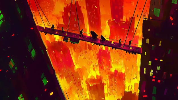 This illustration depicts people walking on a narrow bridge, with a burning futuristic city in the background